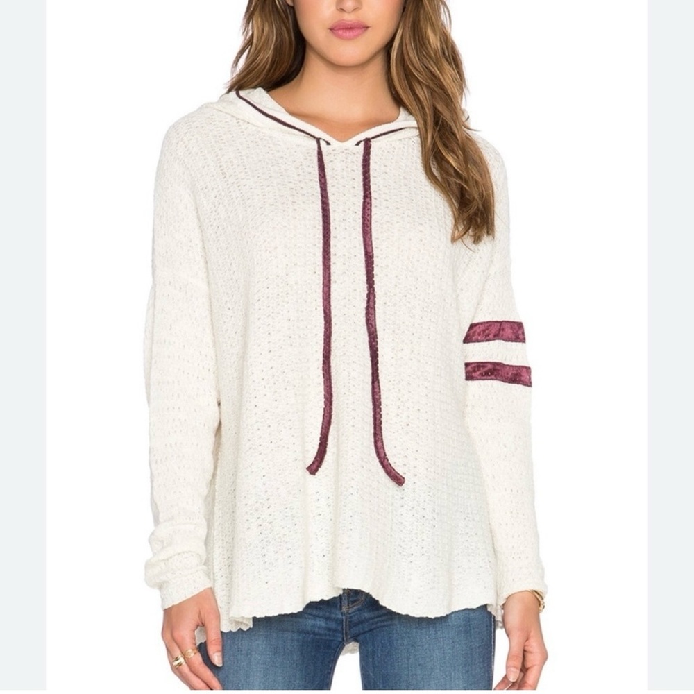 Free People Cream Waffle Knit Hooded Sweater, Maroon Stripe Sleeve, Size M Boho